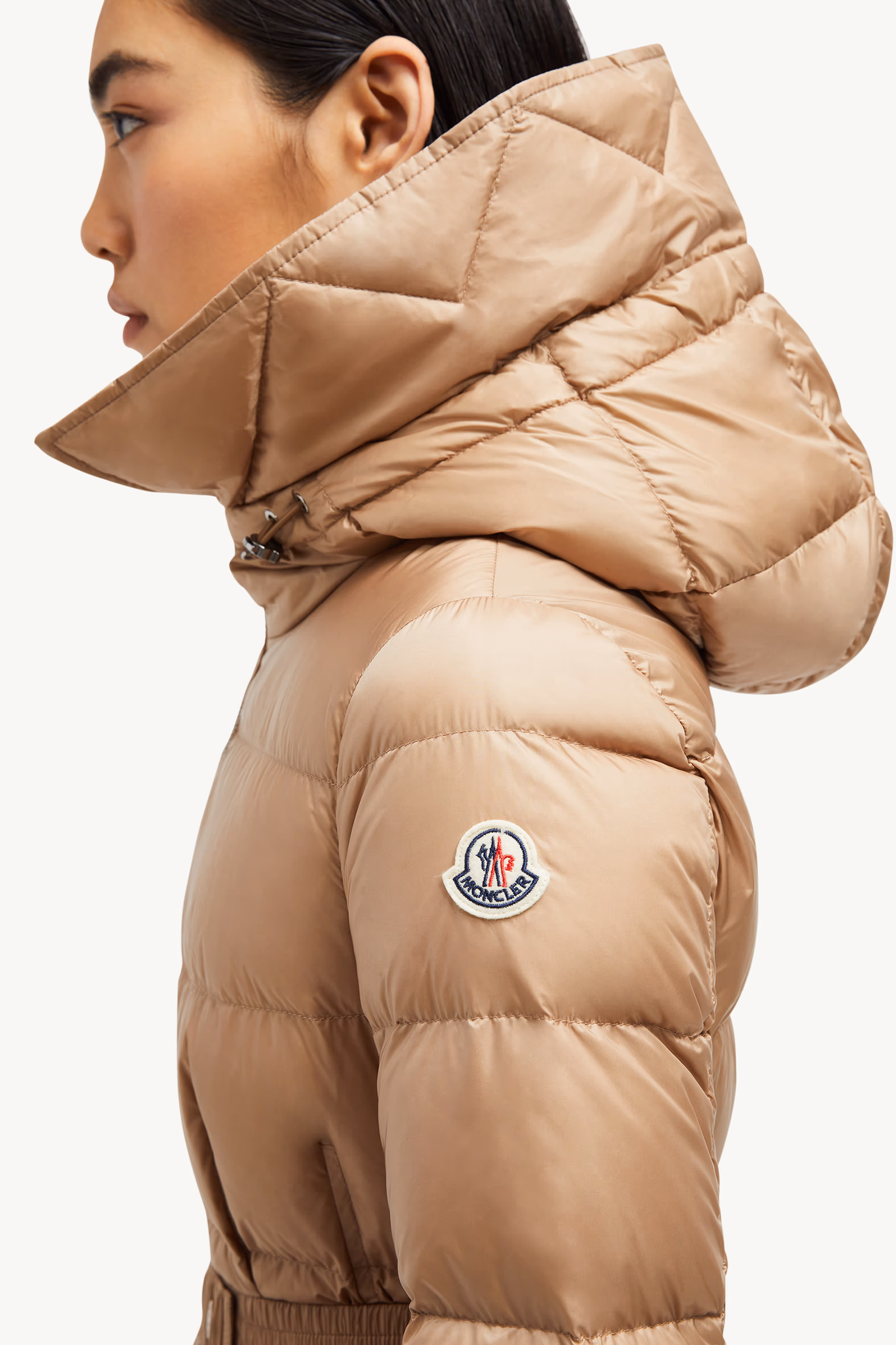 Boedic Hooded Shearling-Trimmed Long Down Jacket Women Camel Beige Moncler 7